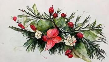 Watercolor bouquet with green winter leaves, pines, branches, red berries, flowers. photo