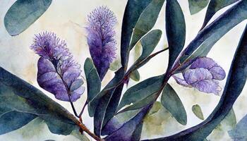 Watercolor eucalyptus leaves and lavender flower illustration. Floral frame, border bouquet set. photo
