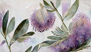 Lavender eucalyptus leaves, sage, and olive branches make up this flower frame from a digital watercolor. photo