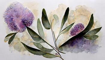 Watercolor eucalyptus leaves and purple lavender flower. Botanical frame, Greenery branches. photo