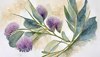 Watercolor eucalyptus leaves and purple lavender flower. Botanical frame, Greenery branches. photo