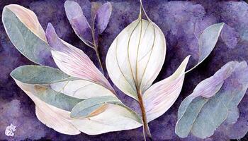 Lavender eucalyptus leaves, sage, and olive branches make up this flower frame from a digital watercolor. photo