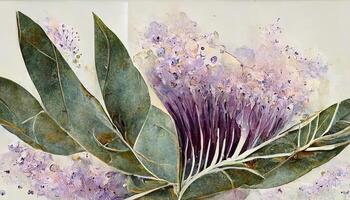 Lavender eucalyptus leaves, sage, and olive branches make up this flower frame from a digital watercolor. photo