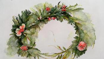 Field herbs, hand painted watercolor mistletoe green branches wreath illustrations. photo