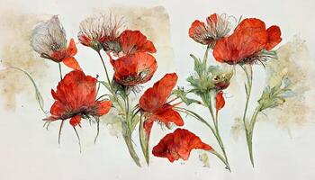 Watercolor red poppies, Wildflower set isolated on white, Hand painting illustration. photo
