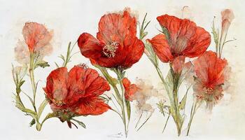 Watercolor red poppies, Wildflower set isolated on white, Hand painting illustration. photo