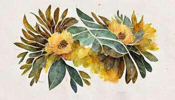 Sunflower and eucalyptus leaves bouquet. Watercolor floral clipart, Yellow flowers. photo