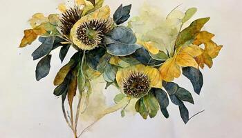 Watercolor illustration of a bouquet with sunflowers and roses with sprigs of eucalyptus. photo