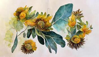 Watercolor illustration of a bouquet with sunflowers and roses with sprigs of eucalyptus. photo