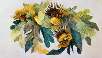 Sunflower and eucalyptus leaves bouquet, Watercolor floral illustration, Yellow flowers. photo