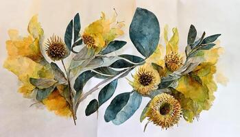 atractivo girasol y eucalipto hojas ramo, acuarela floral ilustración, amarillo flores generativo ai foto