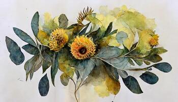 Sunflower and eucalyptus leaves bouquet, Watercolor floral illustration, Yellow flowers. photo