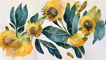 Exceptional Sunflower and eucalyptus leaves bouquet watercolor, digital illustration painting artwork. photo