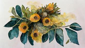 Attractive Sunflower and eucalyptus leaves bouquet, Watercolor floral illustration, Yellow flowers. photo