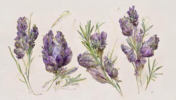 ramos de flores con lavanda flores acuarela ilustración. generativo ai foto