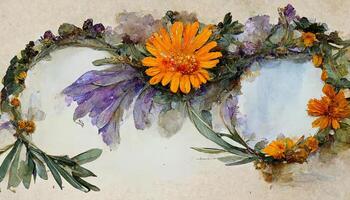 Watercolor wild flower seamless border. Repeating pattern. Daisy, calendula, lavender, eucalyptus branches and leaves garland. photo