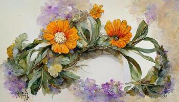 Watercolor wild flower seamless border. Repeating pattern. Daisy, calendula, lavender, eucalyptus branches and leaves garland. photo