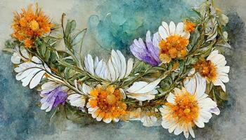 Square gold frame with watercolor wildflowers. photo