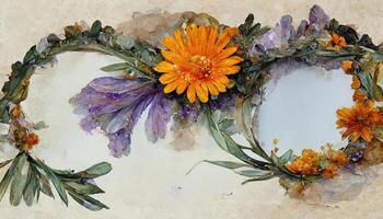 Watercolor floral wreath. Eucalyptus leaves, daisy flowers, calendula, lavender, greenery. photo