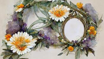 Watercolor floral frame. Daisy flower, calendula, lavender, eucalyptus branches and leaves. photo