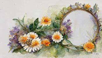 Watercolor floral frame. Daisy flower, calendula, lavender, eucalyptus branches and leaves. photo