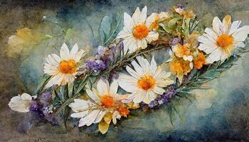 Watercolor daisy floral wreath design. photo