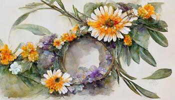 Watercolor wild flower seamless border. Repeating pattern. Daisy, calendula, lavender, eucalyptus branches and leaves garland. photo