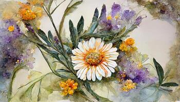 Watercolor daisy floral wreath design. photo