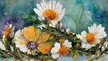 Watercolor floral frame, border, wreath. Daisy flower, calendula, lavender, eucalyptus branches and leaves. photo