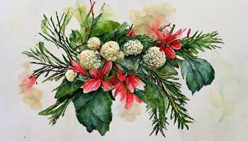 Watercolor bouquet with green winter leaves, pines, branches, red berries, flowers. photo