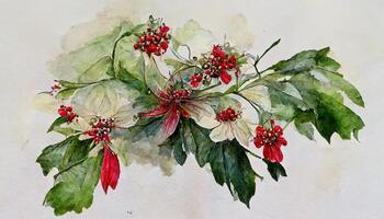 Watercolor christmas flower arrangement red flower plant. hand drawn winter bouquets. photo