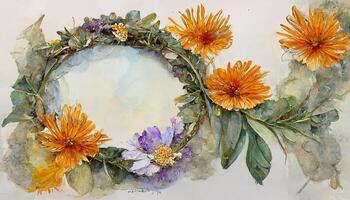 Watercolor daisy floral wreath design. photo