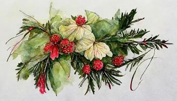 Christmas bouquet with poinsettia berries in red and blue tones watercolor. photo