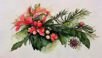 Watercolor bouquet with green winter leaves, pines, branches, red berries, flowers. photo