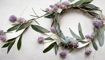 Awesome Lavender flowers and eucalyptus branches isolated on white, Floral wreath. Generative Ai photo