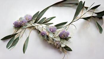 Wonderful Lavender flowers and eucalyptus branches isolated on white, Floral wreath. photo