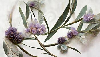 Watercolor wild flower seamless border. Repeating pattern. Daisy, calendula, lavender, eucalyptus branches and leaves garland. photo