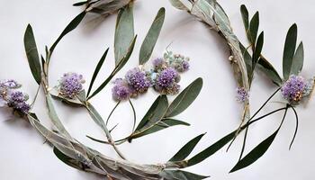 Watercolor wild flower seamless border. Repeating pattern. Daisy, calendula, lavender, eucalyptus branches and leaves garland. Generative Ai photo