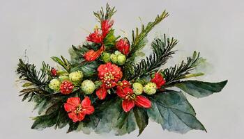 Excellent New year arrangement with poinsettia flower, ilex, fir branch with cones for design. photo