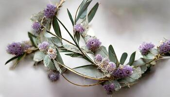 Lavender eucalyptus leaves, sage, and olive branches make up this flower frame from a digital watercolor painting that is isolated on white. photo