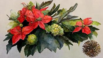christmas background with poinsettia and red bow. photo