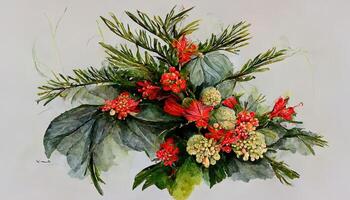 Excellent New year arrangement with poinsettia flower, ilex, fir branch with cones for design. photo