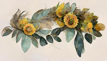 Sunflower with green leaves bouquet watercolor hand draw decoration. photo