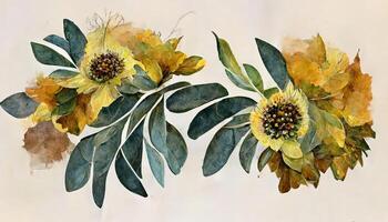 Set of spring lemon flower arrangement watercolor illustration. photo