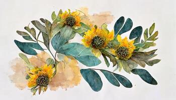 Sunflower with green leaves bouquet watercolor hand draw decoration. photo