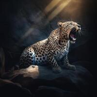 image of leopard roaring on the rock image generative AI photo