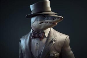 Gentleman shark boss in hat, suit and tie. Banner header. . photo