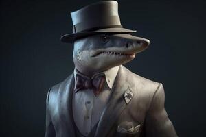 Gentleman shark boss in hat, suit and tie. Banner header. . photo