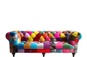 Chesterfield sofa from multi-colored fabric, patchwork, on a white background. . photo