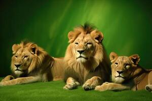 Lions lie in the day of Africa in nature on a green background. AI generated. photo